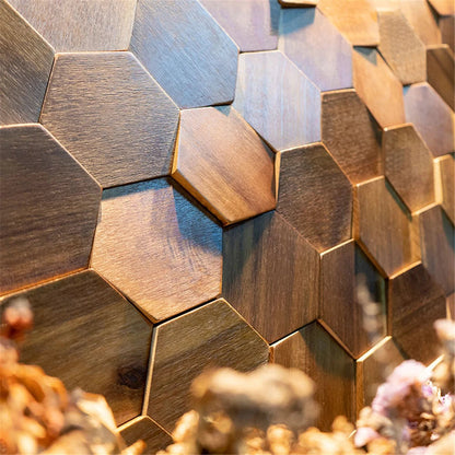 Modern 3D Wood Hexagon Wooden Panel Wall Panel Walnut Wood Mosaic Tile Wall Sticker for TV Background Art Wall Decor 30X26Cm