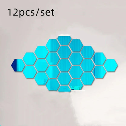 12Pcs Bedroom Art Wall Home Decor Mirror Hexagon 3D Mirror DIY Wall Sticker Stickers Decoration Decor Stickers Self Adhesive