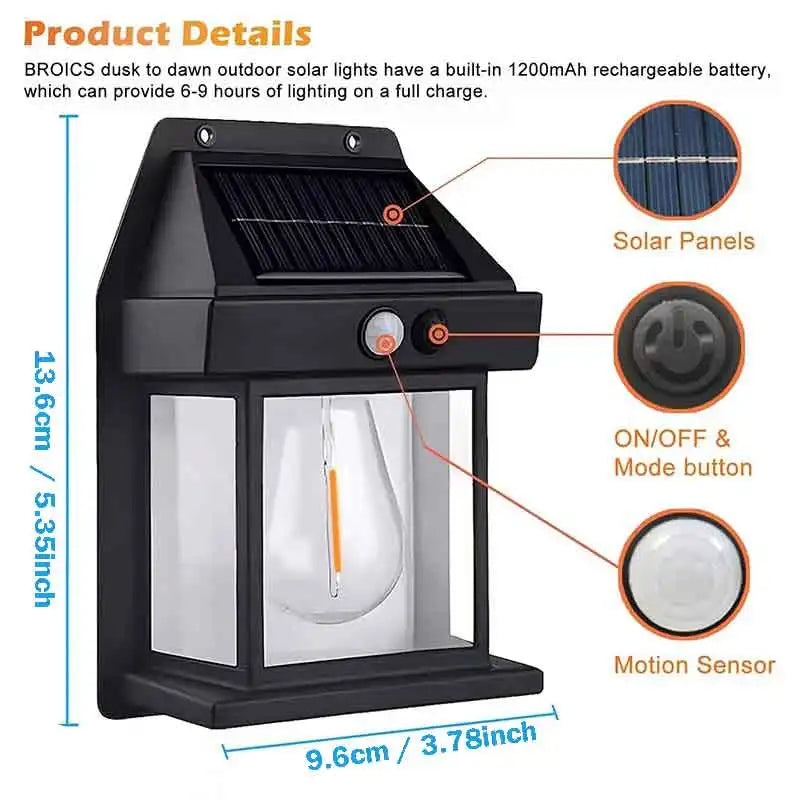 Solar Tungsten Wall Lights Outdoor Motion Sensor - 3 Modes IP65 Waterproof LED Barn Light, Auto Charging Solar Wall Sconce