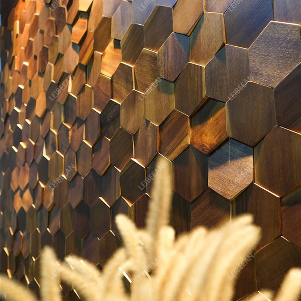 Modern 3D Wood Hexagon Wooden Panel Wall Panel Walnut Wood Mosaic Tile Wall Sticker for TV Background Art Wall Decor 30X26Cm