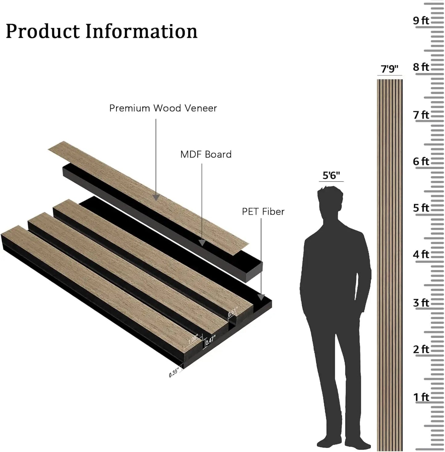 Wood Slat Acoustic Panels 94.5"×12.6" Wall Panels for Interior Wall Decor 3D Wood Slat Wall Panel Fluted Sound Absorbing Panel